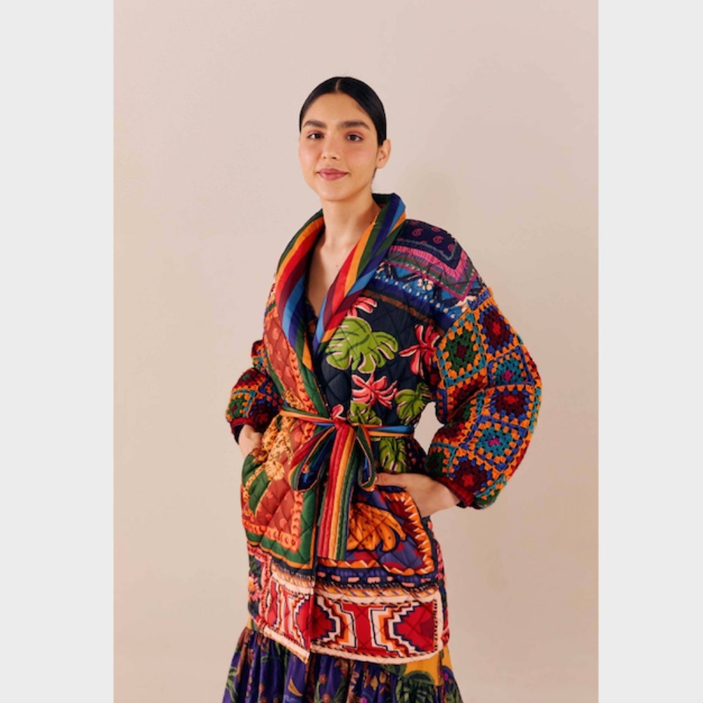 Farm Rio Patchwork Tapestry Crochet Puffer Jacket Size L - Picture 7 of 13
